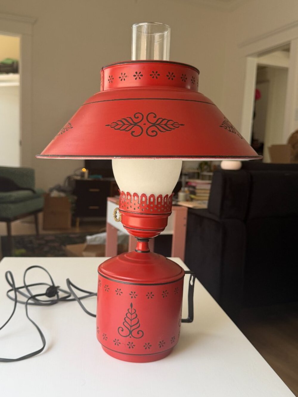 Vintage 1960s Tole Toleware 16.5” Metal Red Orange Table Hurricane Lamp